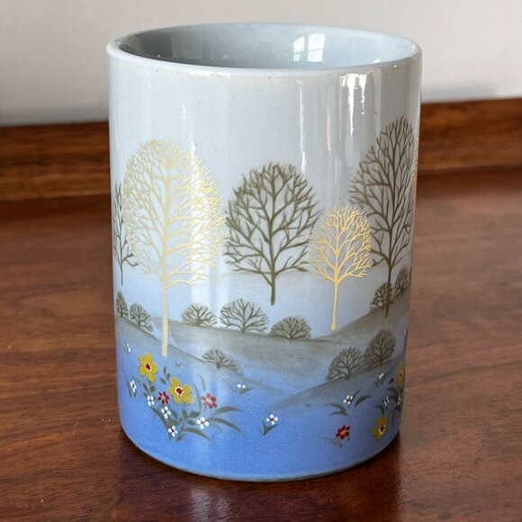 Otagiri Mug Metallic Gold Trees & Flowers in Field Hills Blue Vintage Cup Japan - Picture 3 of 9